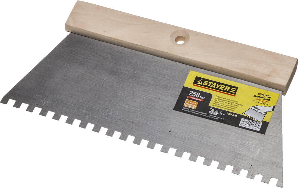 Шпатель STAYER малярный, зуб 6х6мм, 250мм