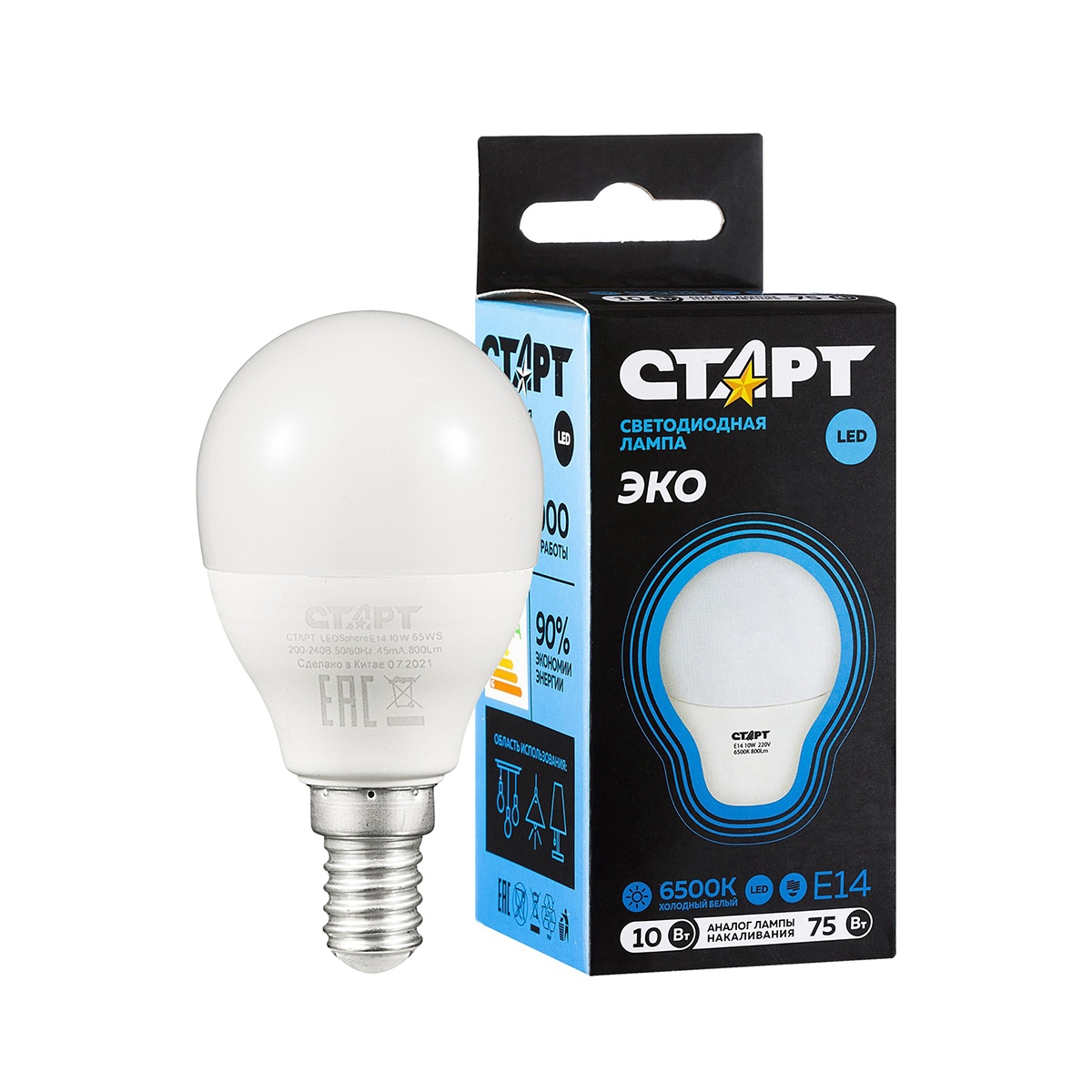 Лампа светодиодная "старт эко" шарик 10w 6500 к  e14, белый хол. свет (10/100)