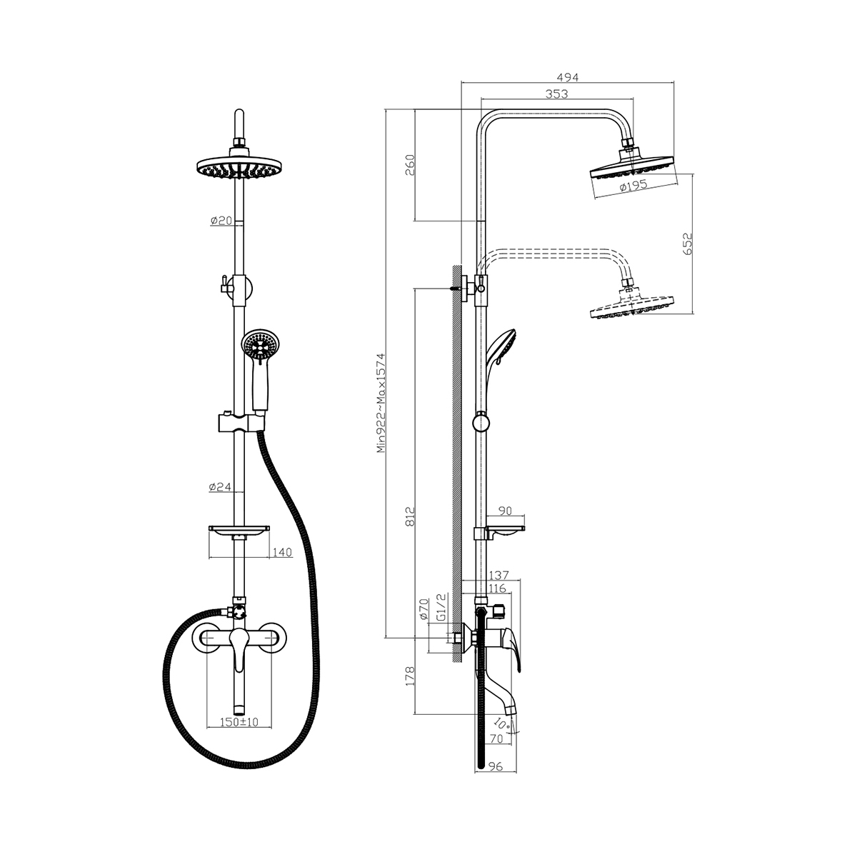 Душевая система  a35-46  лейка 3 реж., верх. душ "тропич. дождь", поворот. излив (1/4) "rossinka"