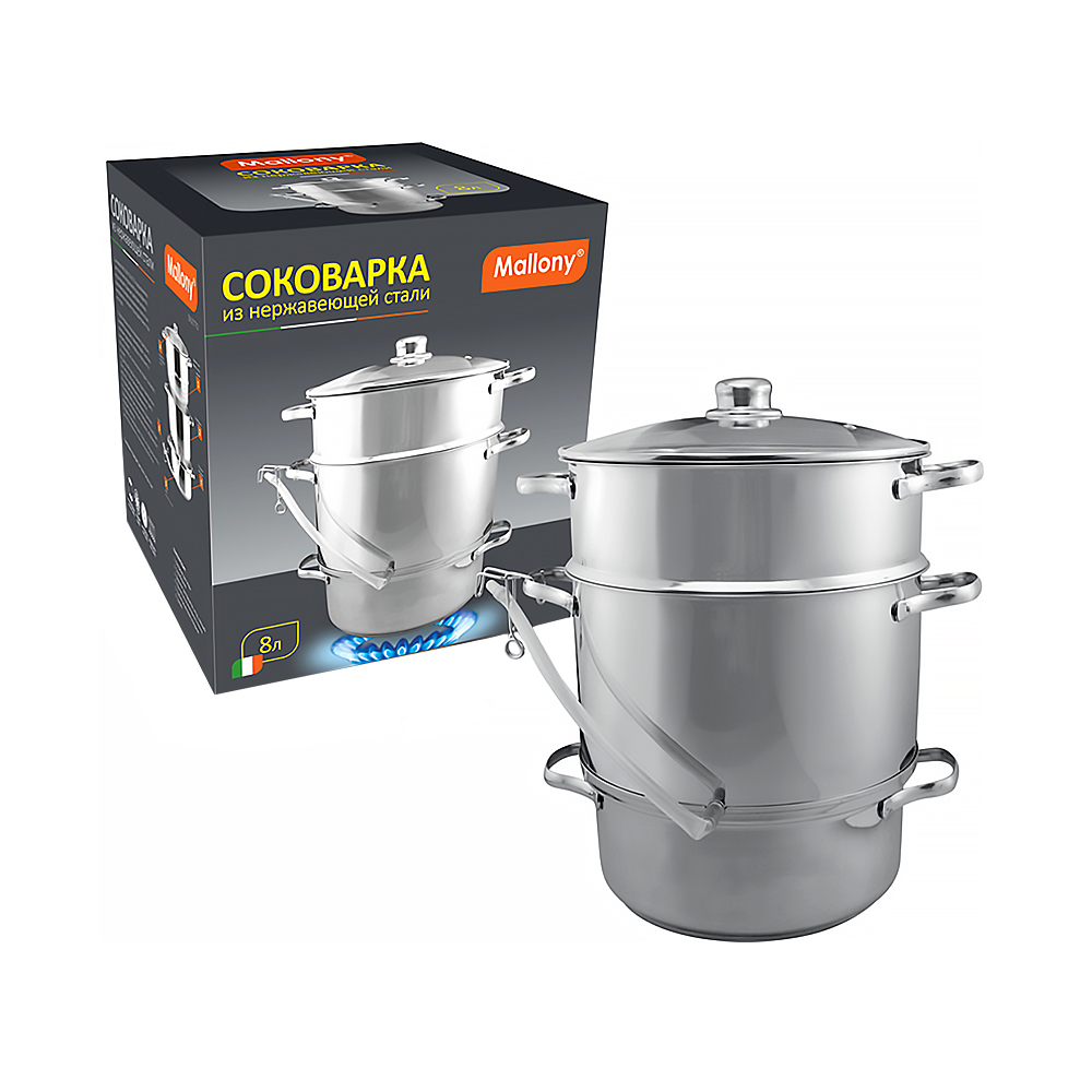 Соковарка нержав. "diletto" 8 л, 3 чаши, стекл. крышка (1/2) "mallony"