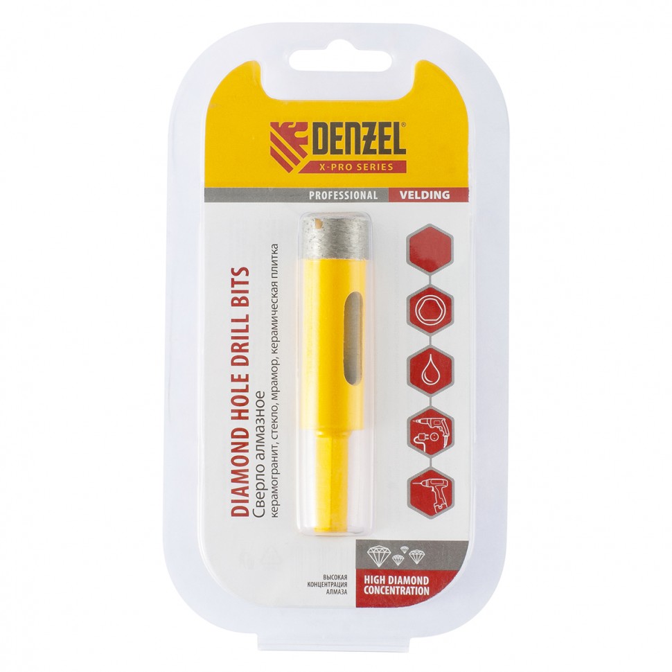 Сверло алмазное по керамограниту, 18 мм, мокрая резка, трехгранный хвостовик Denzel (72678)