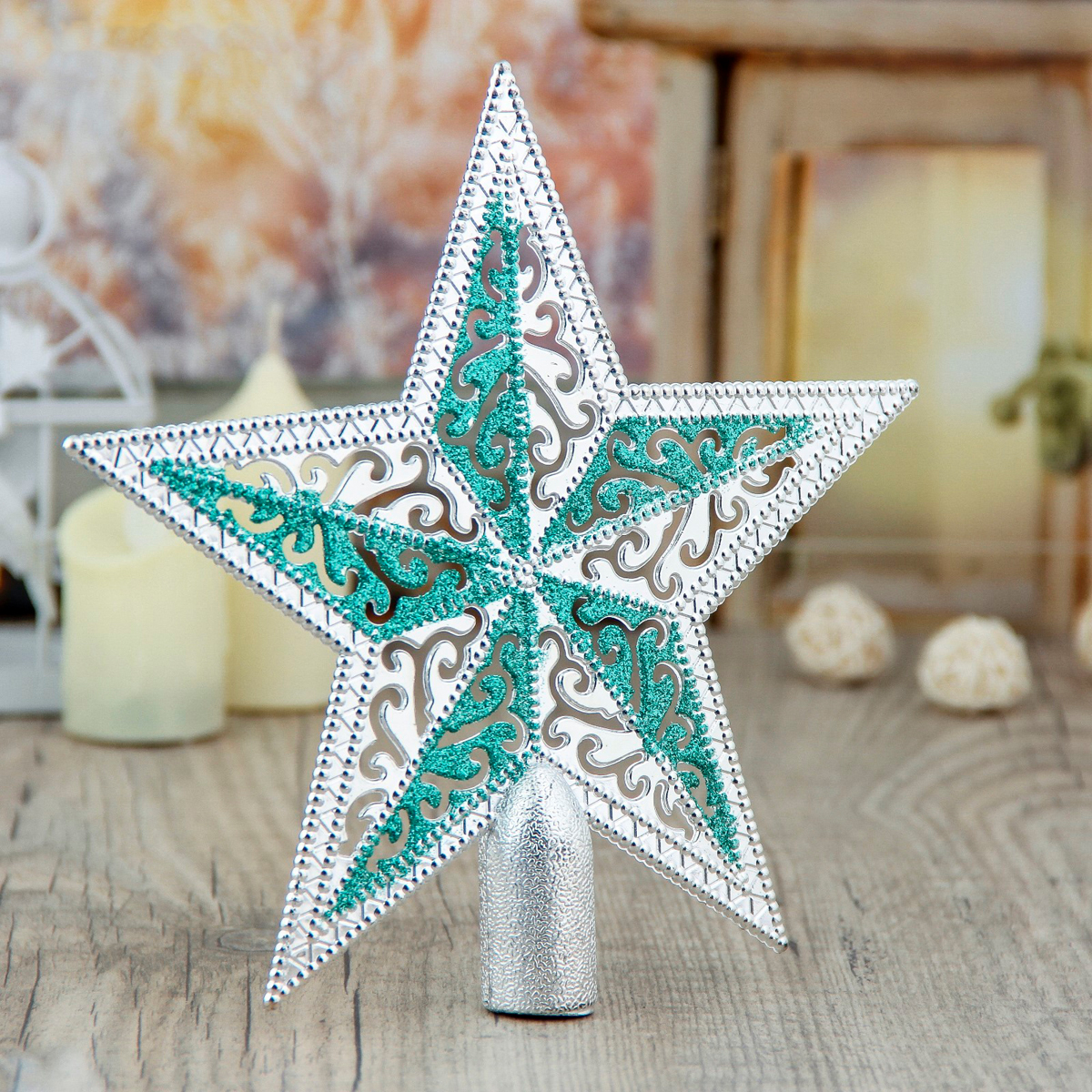 Верхушка на елку "звезда" завитушки 19*18,5 см, серебро с зеленым "зимнее волшебство" 3557036
