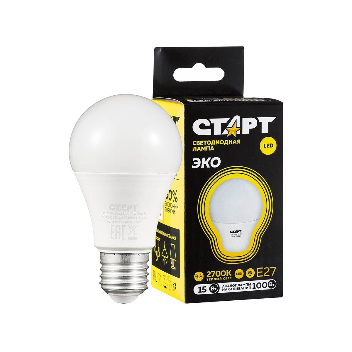 Лампа светодиодная "старт эко" груша 15w 2700 к  e27, тепл. свет (10/100)