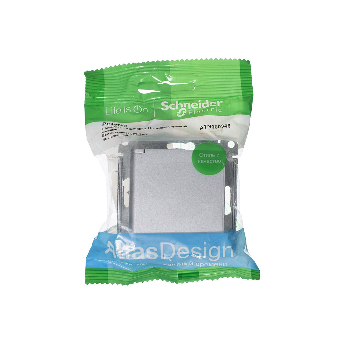 Розетка "atlasdesign" 1 местн. с заземл, с штор, с крыш (механизм) 16а, алюм. (1/10/60) "schneider"