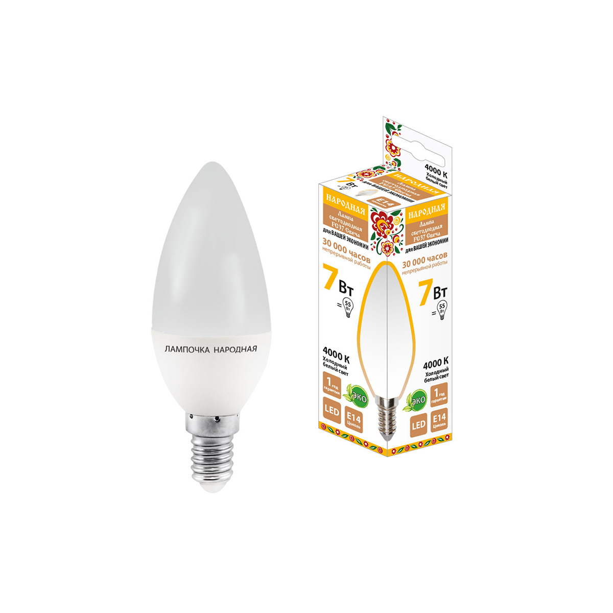 Лампа светодиодная fс37 свеча 7w 4000 к  e14, холодн. свет (10/100) народная sq0340-0192