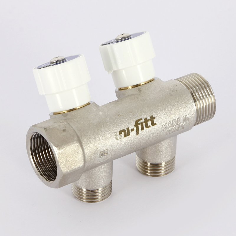 Коллектор UNI-FITT 3/4"х1/2"х2 вых под плоскую прокладку 40мм никелированный с вентилями