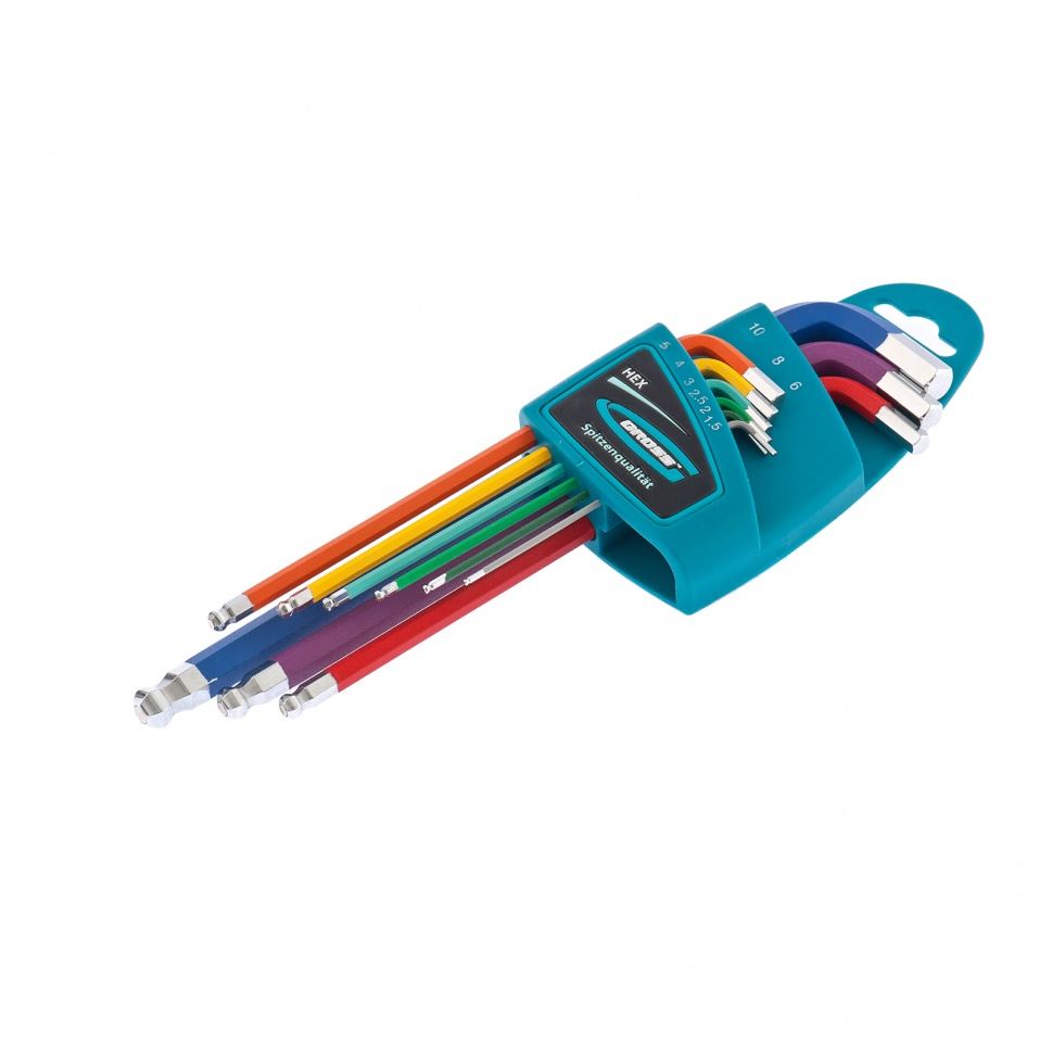 Набор ключей имбусовых HEX, 1.5-10 мм, S2, 9 шт, магнит, экстра-длинные с шаром, хром/краска Gross (16400)