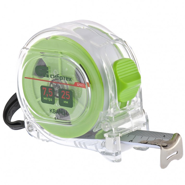 Рулетка Кварц, прозрачный корпус, амортизатор, 7.5 м х 25 мм Сибртех (32523)