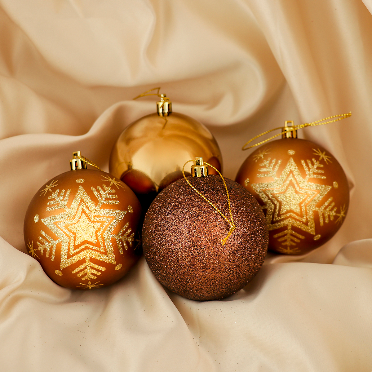 Шары новогодние d-8 см (набор 4 шт.) "снежинка блеск" кофейный "зимнее волшебство" 3276593
