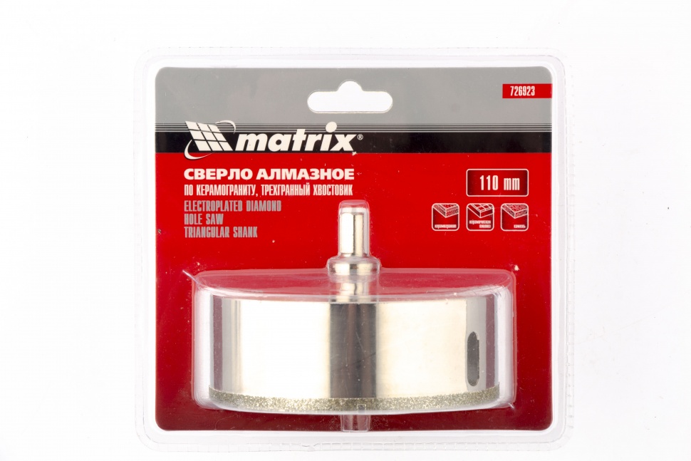 Сверло алмазное по керамограниту, 110 х 67 мм, трехгранный хвостовик Matrix (726923)