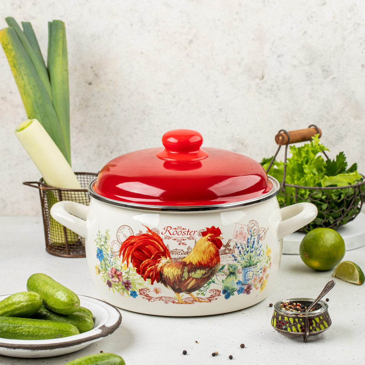 Кастрюля эмалиров. "золотой петушок" 3 л, 18 см металл. крышка (1/6) "metrot"