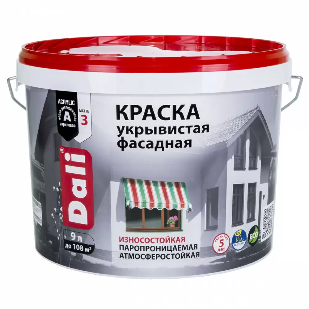 Dali краска Укрывистая фасадная акриловая, белый (9л)