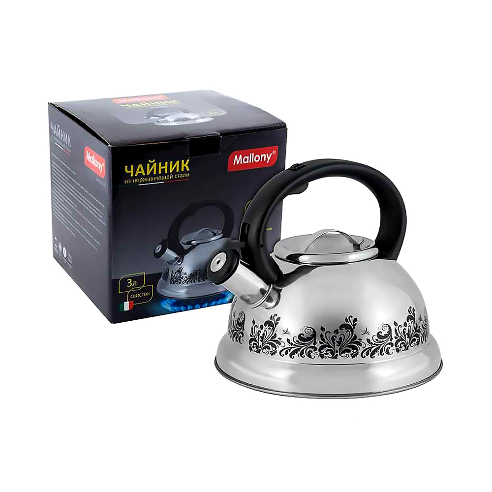 Чайник нержав. 3 л со свистком, с рисунком (1/6) "mallony" mal-0417a
