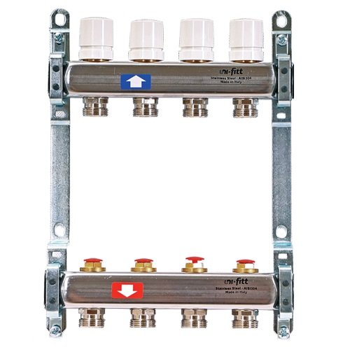 Колл. группа на 4 выхода UNI-FITT 1"x3/4" ЕК с рег. и термостатическими вентилями - нерж. сталь