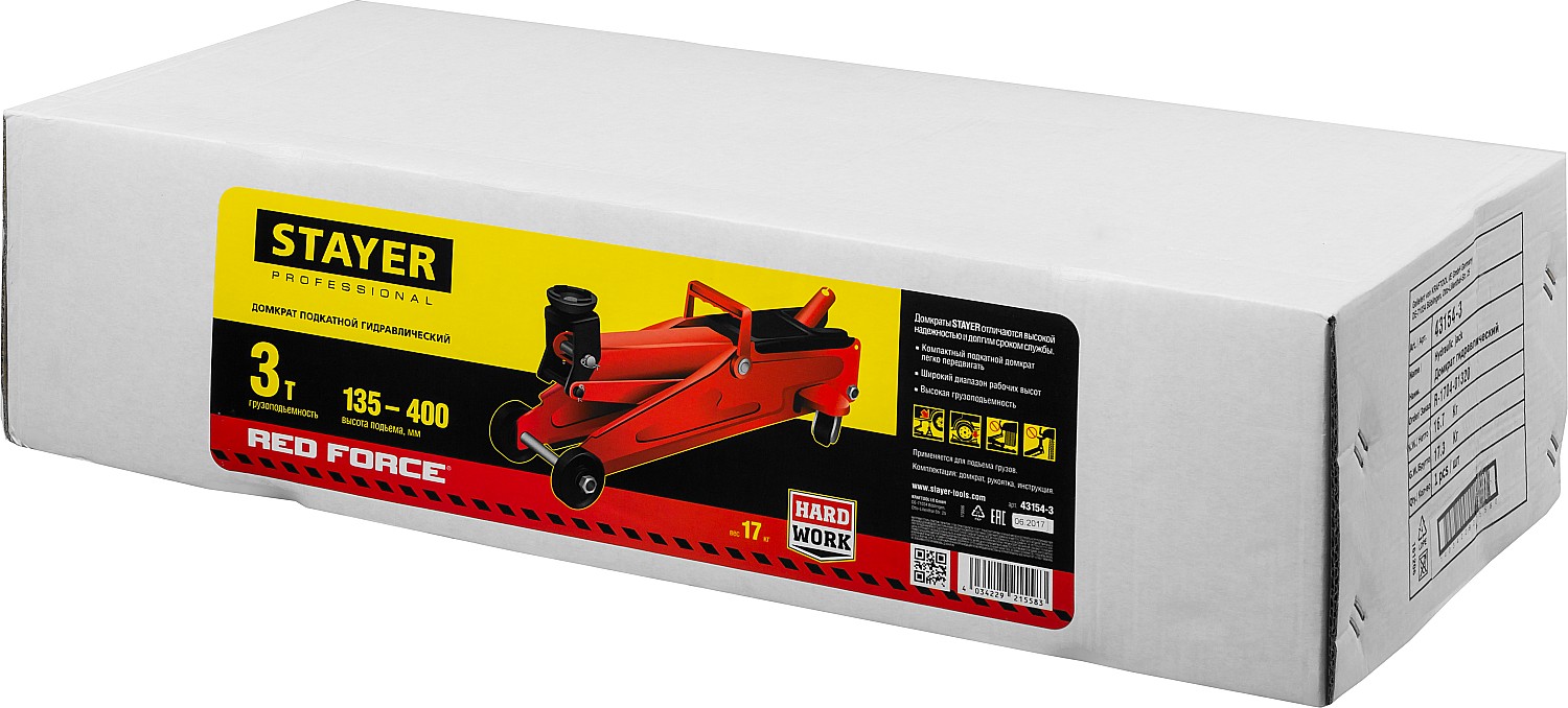 STAYER R-33 RED FORCE, 3 т, 135 - 400 мм, подкатной домкрат с увеличенным подъемом, Professional (43154-3)