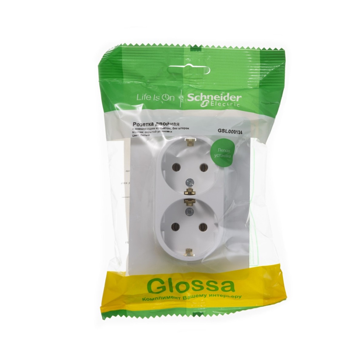 Розетка "glossa" 2-х местн. с заземл. 16а, белый (1/10/60) "schneider"