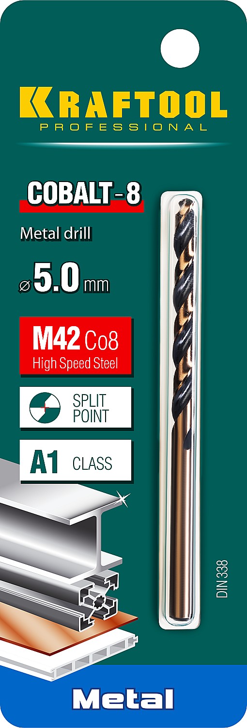 KRAFTOOL Cobalt, 5.0 х 86 мм, сталь М42, HSS-Co(8%), сверло по металлу (29656-5)