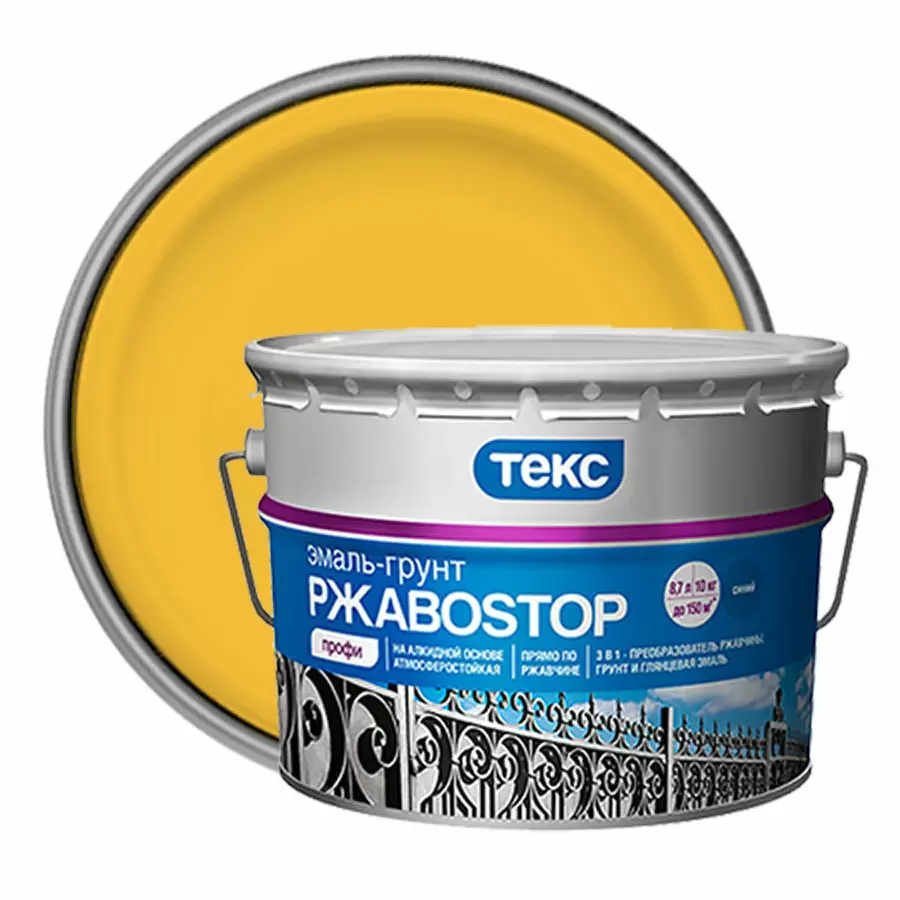 ТЕКС ПРОФИ РЖАВОSTOP грунт эмаль прямо по ржавчине 3 в 1, желтый RAL 1003 (10кг)