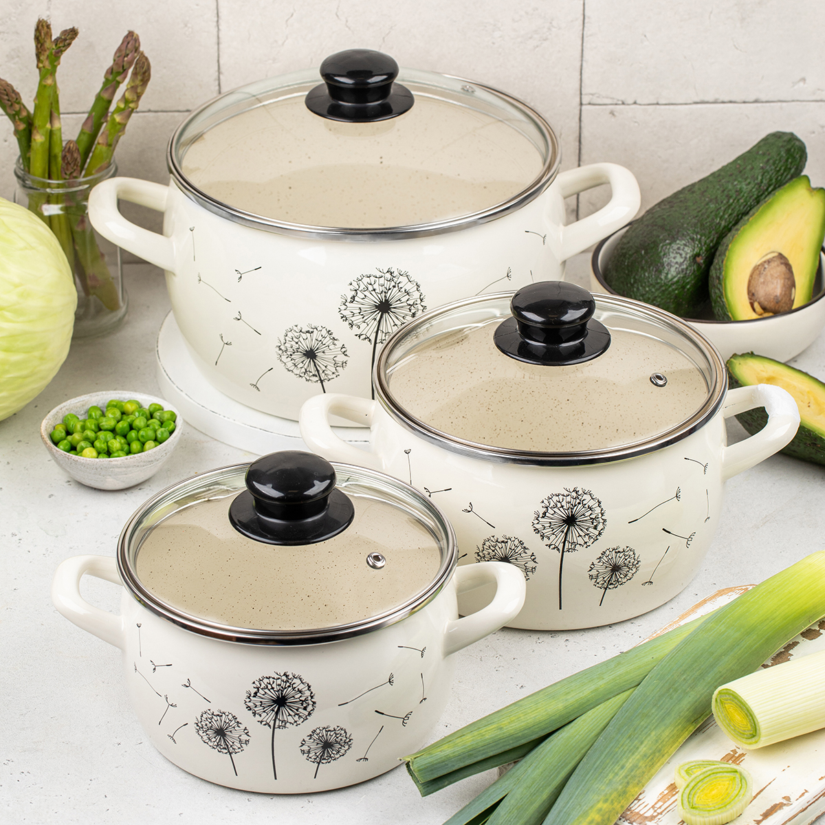 Набор кастрюль эмалиров. "одуванчик" (2,4 + 3,3 + 5,7 л) (1) "metrot"