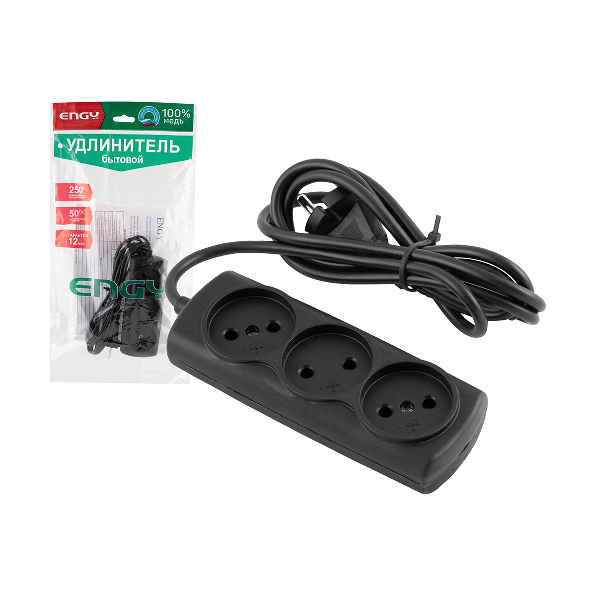 Удлинитель "engy премиум"  1,7 м, 3 розетки (пвс 2 х 0,75) черный (1/50)