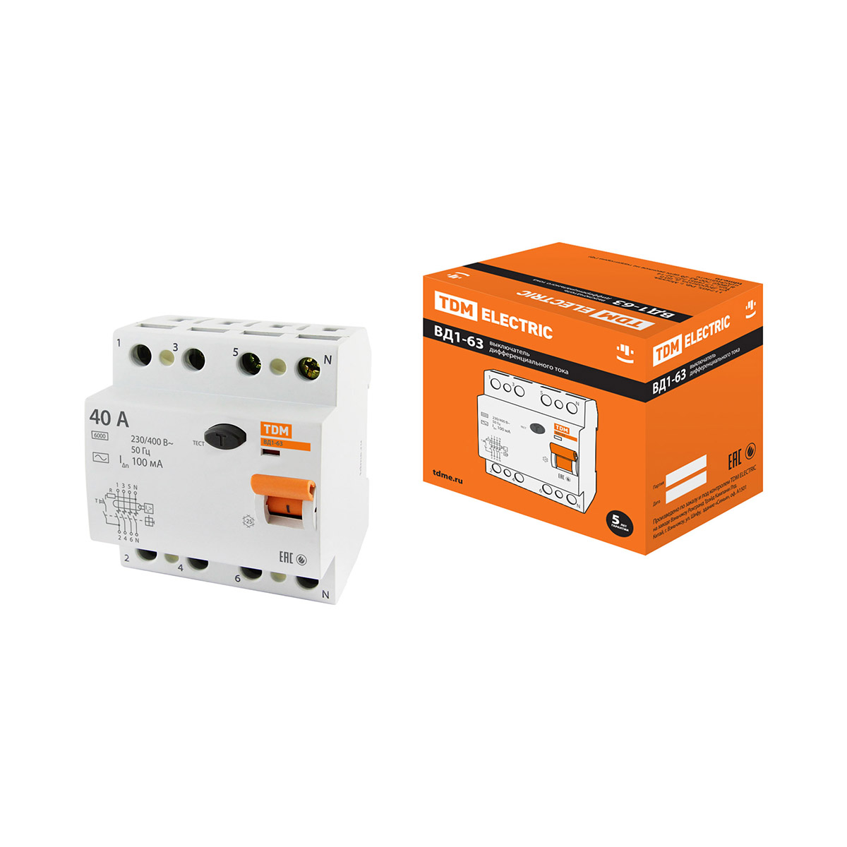 Устройство защитного отключения узо вд1-63 4р 40а 100ма (1/3/30) tdm sq0203-0036