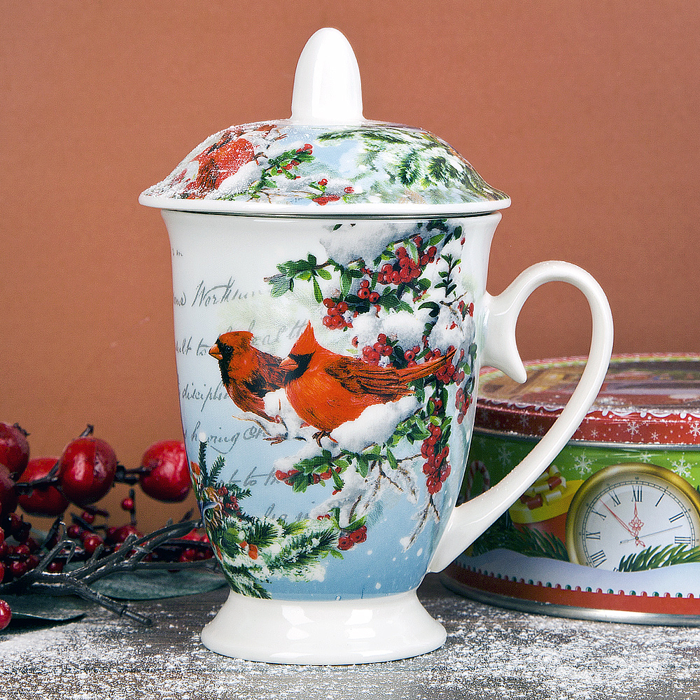 Кружка "красный кардинал" 320 мл с крышкой и фильтром, фарфор (1/24) "nouvelle home" n0990593
