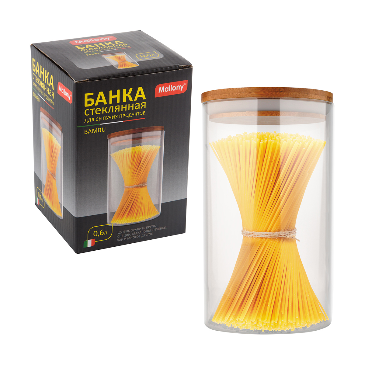 Банка для сыпучих продуктов "bambu" 0,6 л стекло, крышка бамбук (1/24) "mallony"