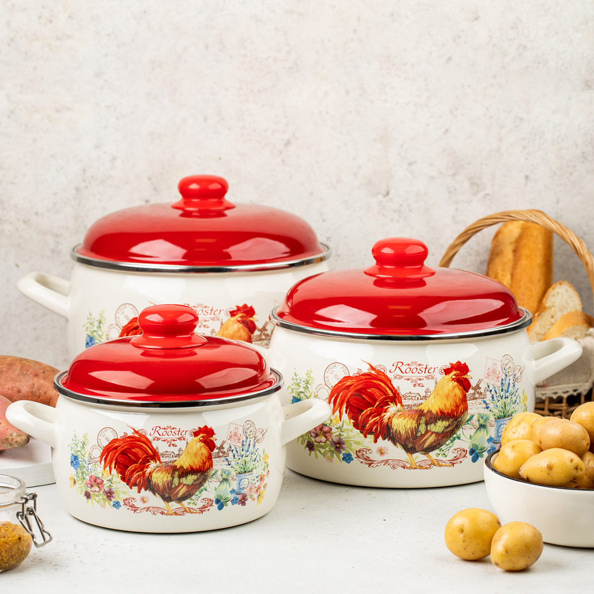 Набор кастрюль эмалиров. "золотой петушок" (2,2 + 4 + 5,3 л) (1) "metrot"