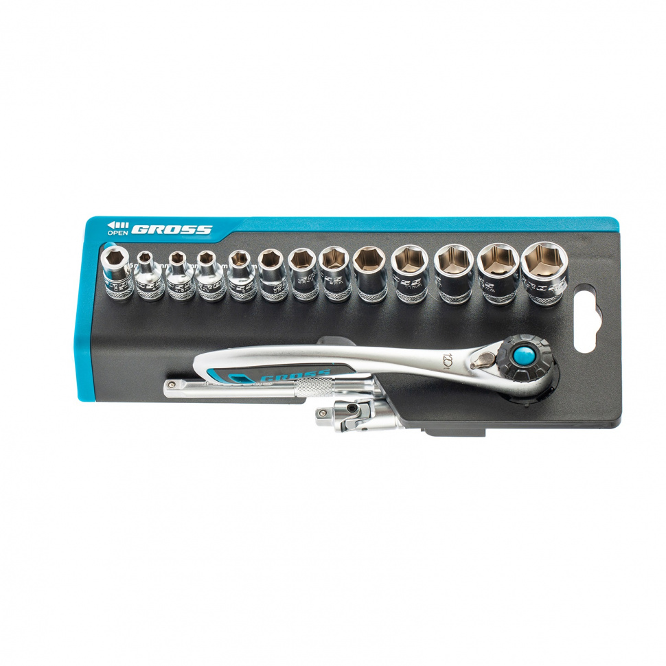 Набор торцевых головок, трещотка 120 зубьев, 36 предметов, 1/4", CrV Gross (14142)