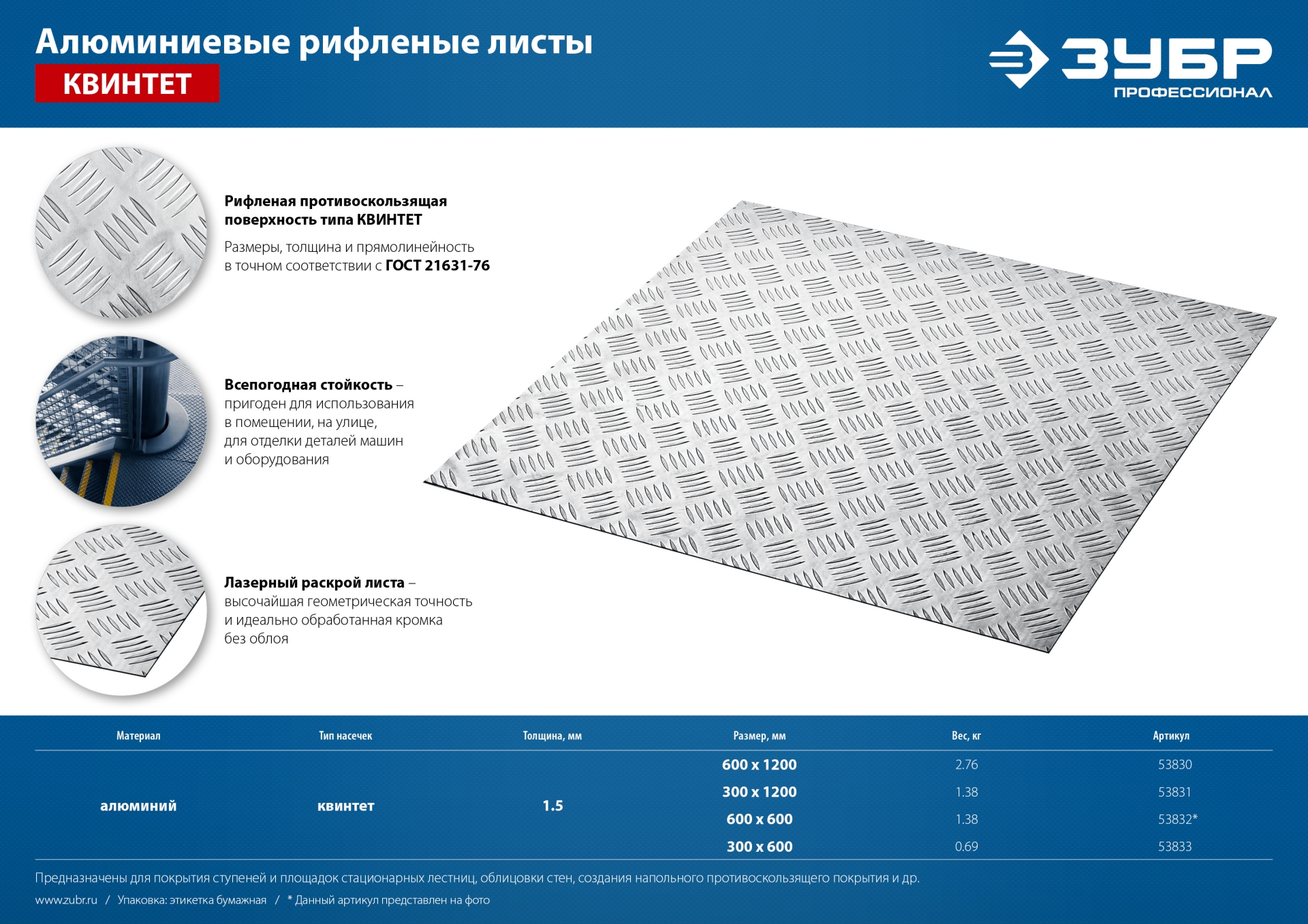 ЗУБР Квинтет, 600 х 600 х 1.5 мм, алюминиевый рифленый лист, Профессионал (53832)