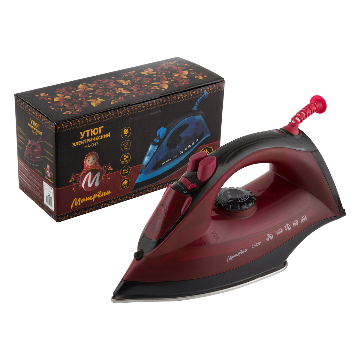 Утюг "матрёна" ma-047  2200 вт подошва нержав. (1/10) вишневый