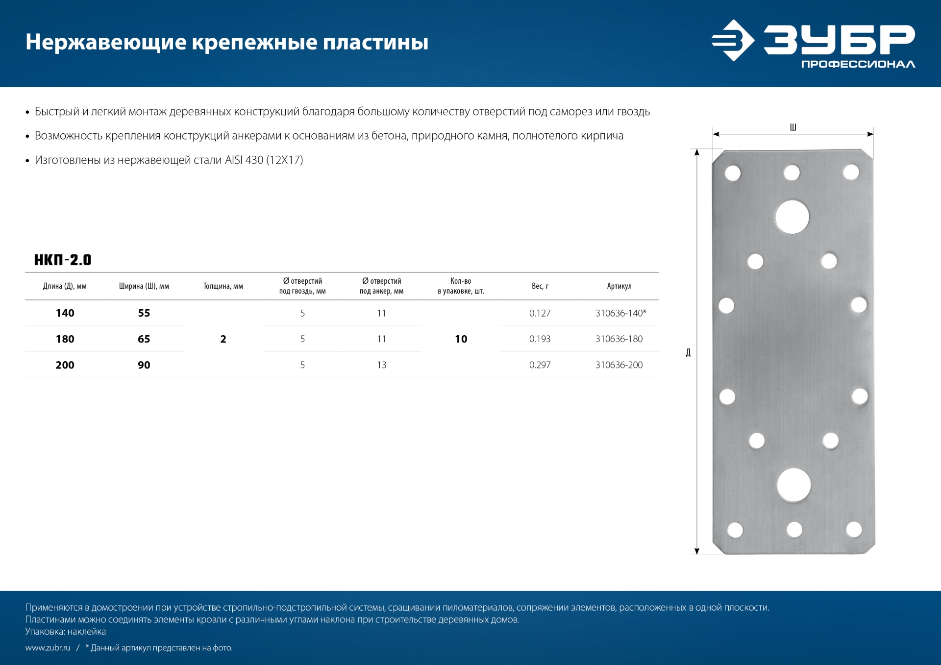 ЗУБР НКП-2.0, 140 x 55 x 2 мм, нержавеющая крепежная пластина, Профессионал (310636-140)