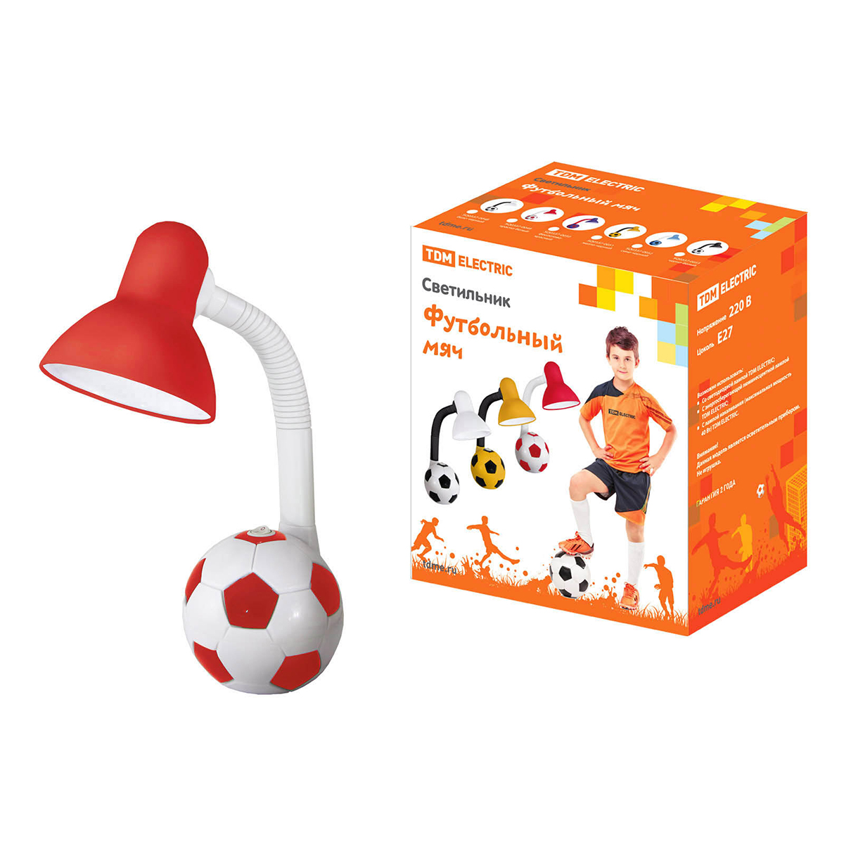 Лампа настольная футбольный мяч 40вт е27, красно-белая (1/12) tdm sq0337-0049