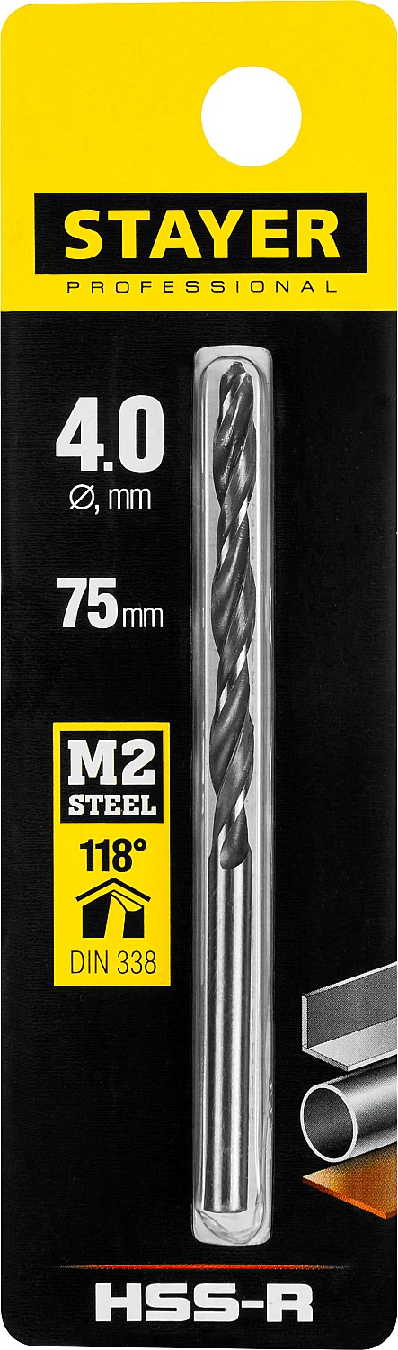 STAYER HSS-R, 4.0 х 75 мм, быстрорежущая сталь P6M5, сверло по металлу, Professional (29602-4)