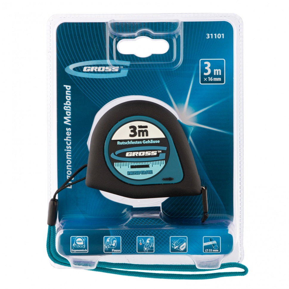 Рулетка "Ergonomisch", 3 м x 16 мм, магнитный обрезиненный зацеп Gross (31101)