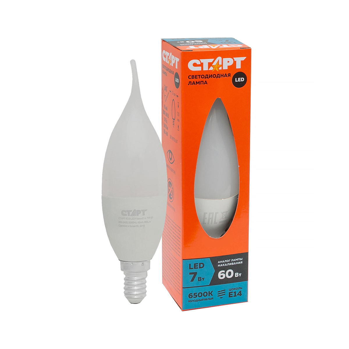 Лампа светодиодная "старт эко" свеча на ветру 7w 6500 к  e14, белый хол. свет (10/100)