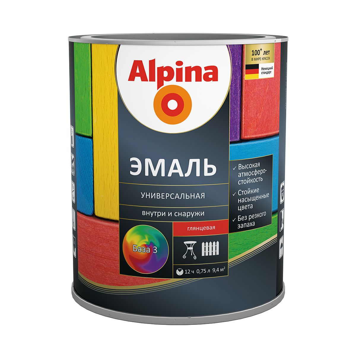 Эмаль алкидная универс. глянцевая база 3 (бесцветная) 0,64 л (1/6) "alpina"