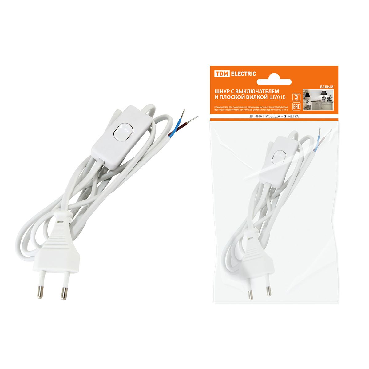 Шнур шу01в шввп 2 х 0,75 мм² 2 м, выключ., плоск. вилка, белый (1/80) tdm sq1305-0001