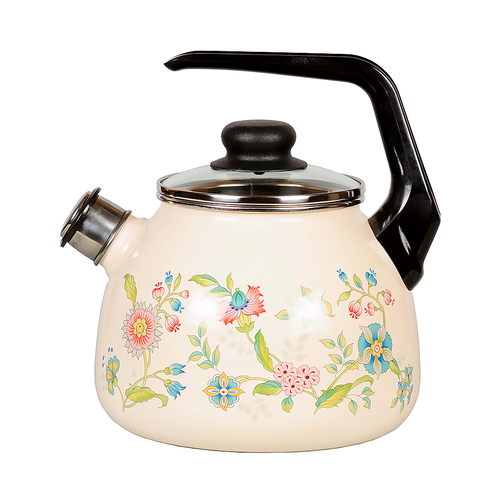 Чайник эмалиров. со свистком "луговые цветы" слон. кость  3 л (1/4) "стальэмаль"  4с209я
