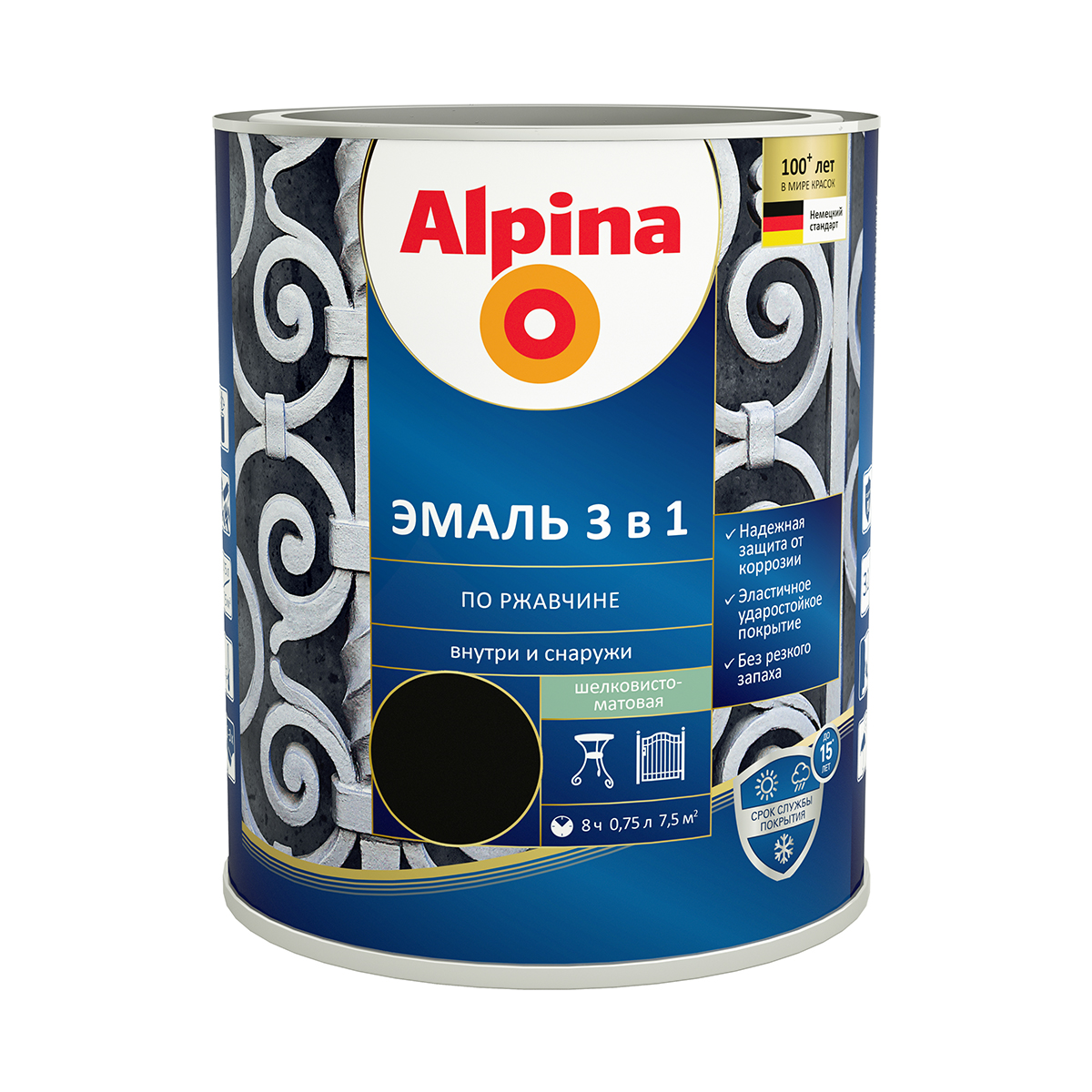 Грунт- эмаль по ржавчине 3 в 1 черная (ral 9005) 0,75 л (1/6) "alpina"