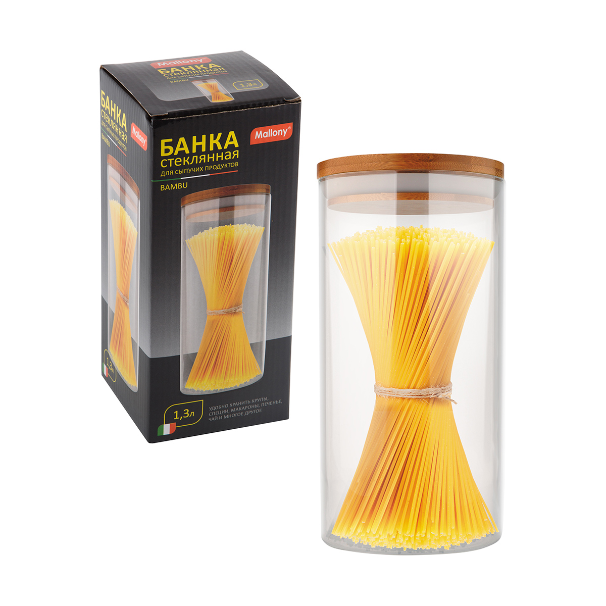 Банка для сыпучих продуктов "bambu" 1,3 л стекло, крышка бамбук (1/30) "mallony"