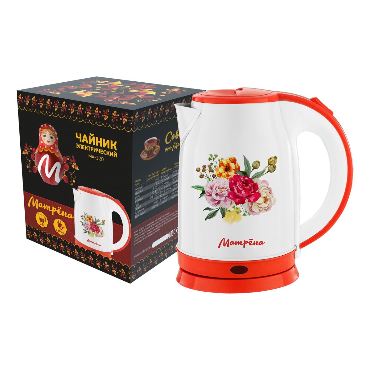 Чайник электр. "матрёна" ma-120 1,8 л (1/12) сталь (цветы)