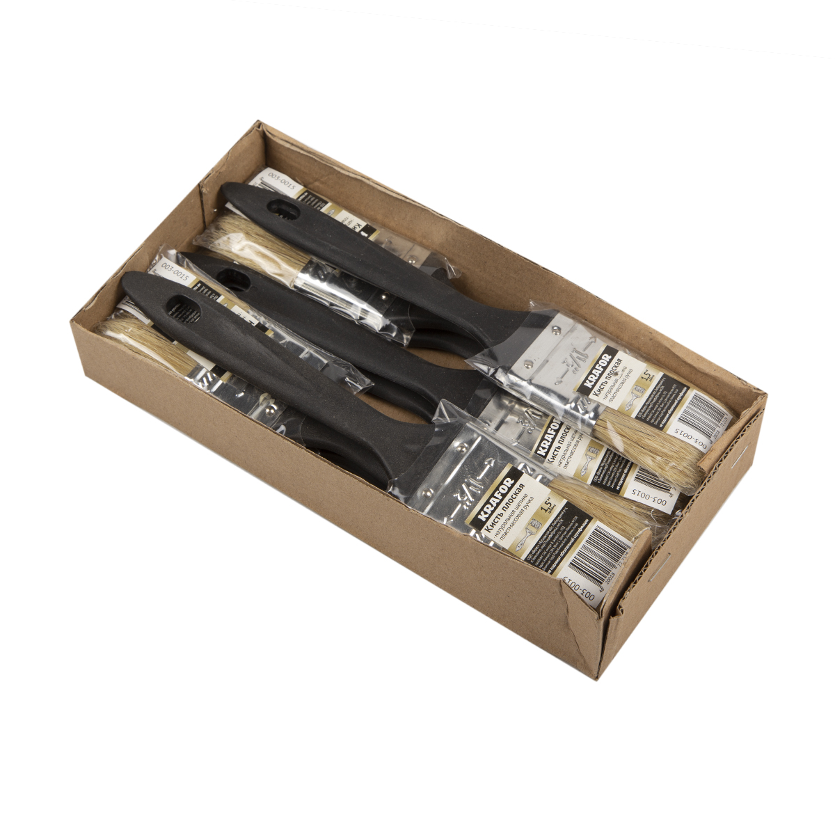 Кисть плоская №1,5/38 мм  (12/1200) натур. щетина, пласт.ручка "krafor" 003-0015