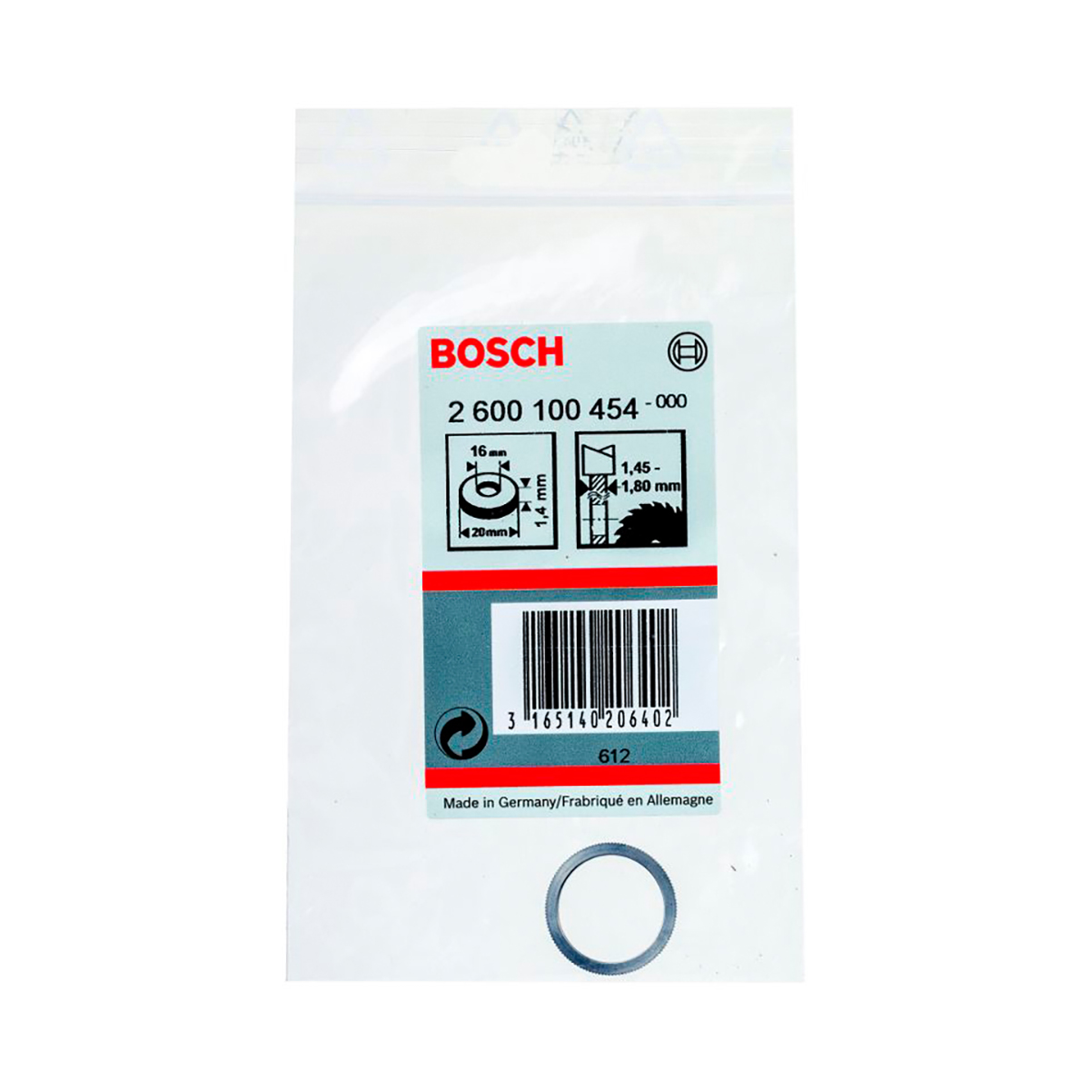 Кольцо переходное для пильного диска 20 х 16 х 1,4 мм (1) "bosch" 2600100454