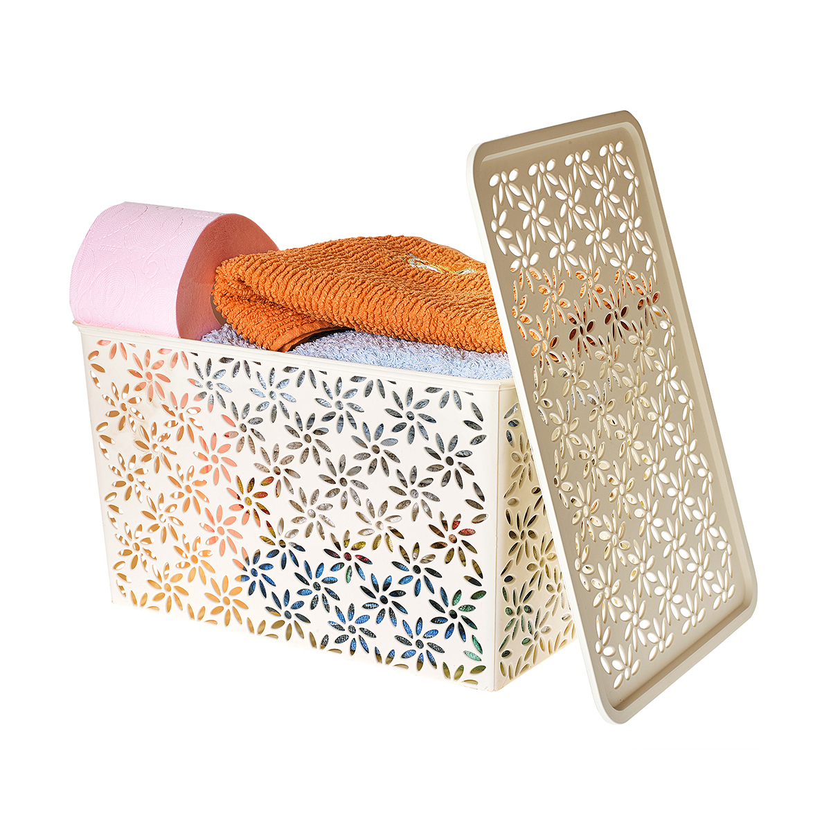 Корзина для хранения с крышкой "ромашки" 14 л  35*24,5*20,5 см (слоновая кость) (1/12) "виолет"