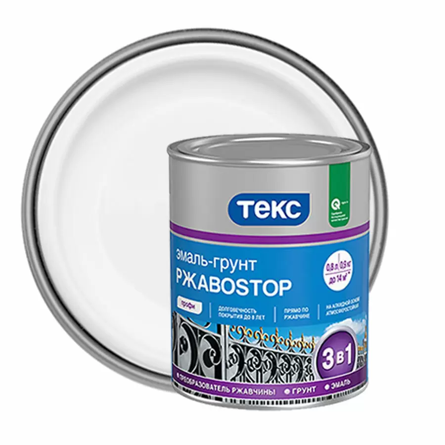 ТЕКС ПРОФИ РЖАВОSTOP грунт эмаль прямо по ржавчине 3 в 1, белый (0,9кг)