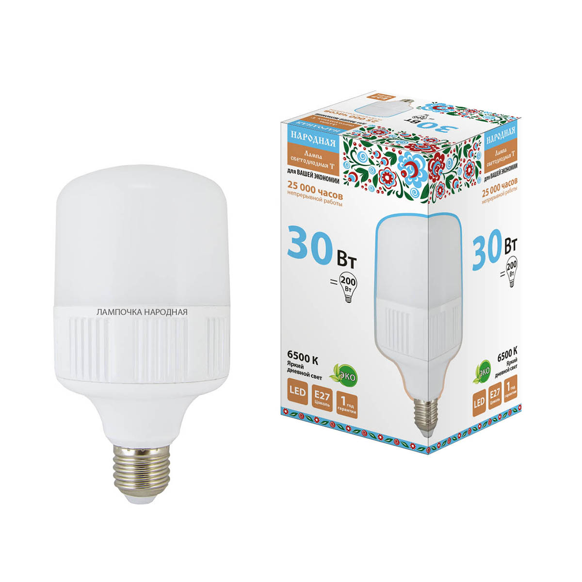 Лампа светодиодная t-30w 6500 к e27, дневной свет (100 x 178 мм) (1/50) народная sq0340-1578