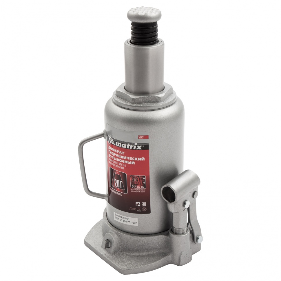 Домкрат гидравлический бутылочный, 20 т, высота подъема 242-452 мм Matrix (50731)