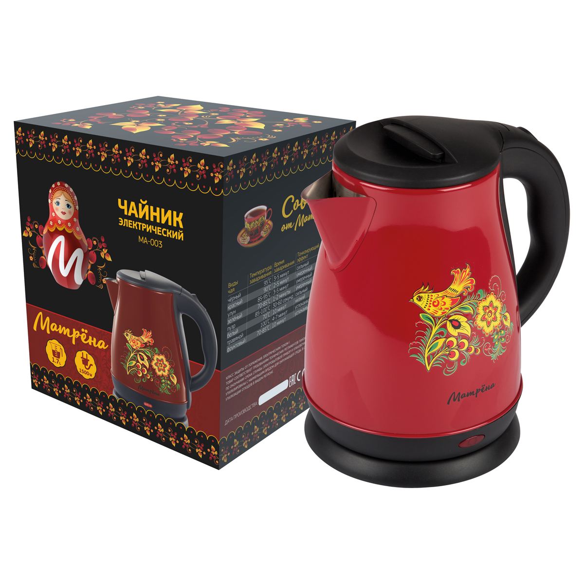 Чайник электр. "матрёна" ma-003 1,7 л (1/12) сталь (бордовый, хохлома)