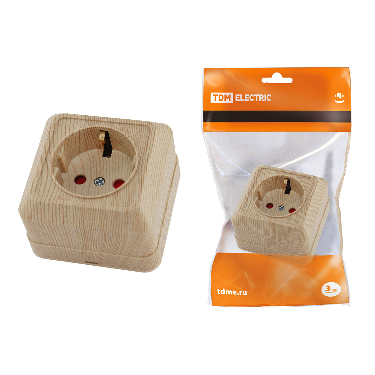 Розетка открыт. уст. с заземл. 16а 250в ip20 защит. шторки "ладога" сосна (1/10/200) tdm sq1801-0054